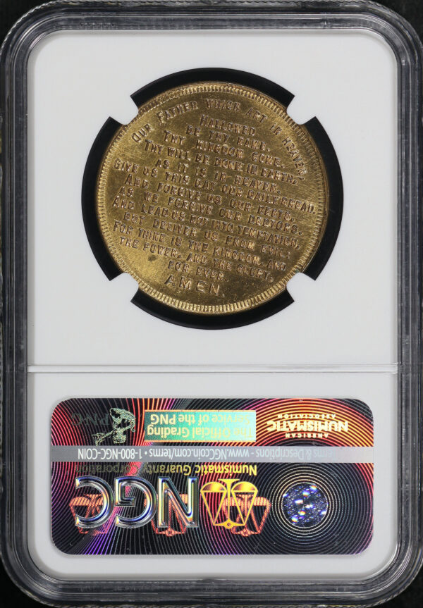 Reverse of this 1939 CA HK-479 Lord’s Prayer-Protestant Golden Gate Exposition NGC MS-65 Jeff Shelvin Collection