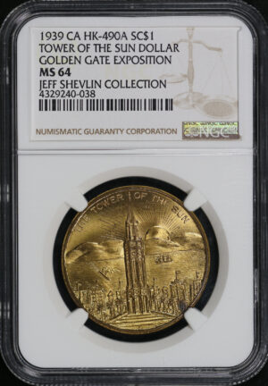 Obverse of this 1939 CA HK-490a Tower of The Sun Golden Gate Exposition So-Called Dollar NGC MS-64 Jeff Shelvin Collection