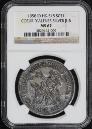 Obverse of this 1958 ID HK-515 Coeur D’Alenes Jubilee Silver So-Called Dollar NGC MS-62