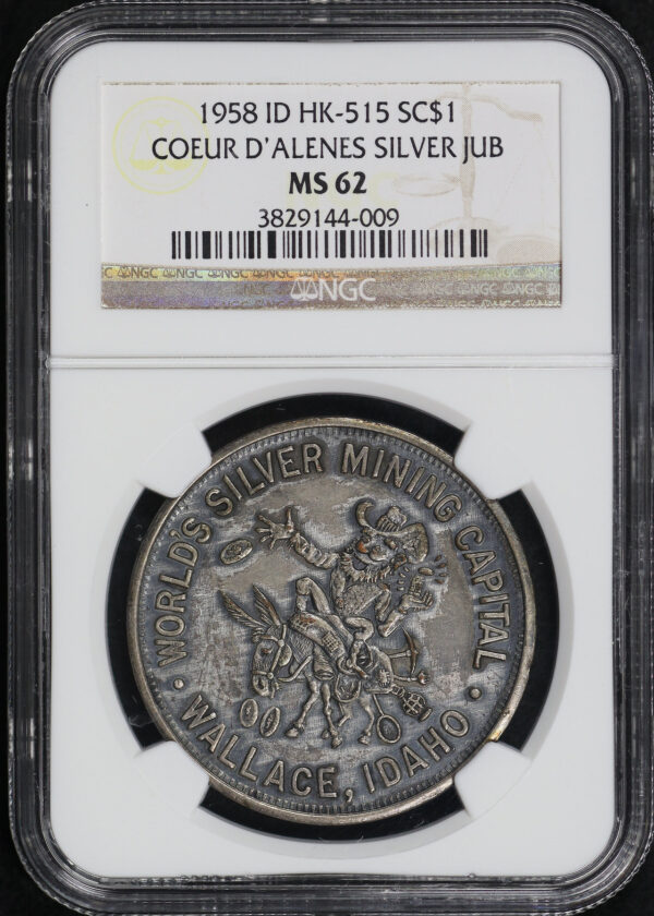 Obverse of this 1958 ID HK-515 Coeur D’Alenes Jubilee Silver So-Called Dollar NGC MS-62