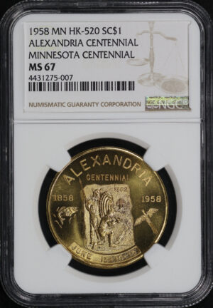 Obverse of this 1958 MN HK-520  Alexandria & Minnesota Centennial So-Called Dollar NGC MS-67