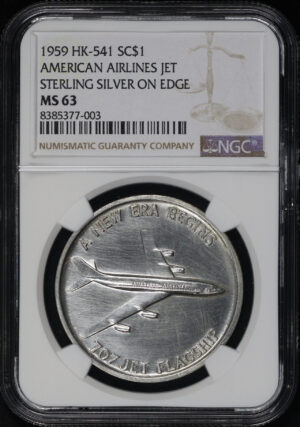 Obverse of this 1959 HK-541 American Airlines Jet Sterling Silver On Edge So-Called Dollar NGC MS-63