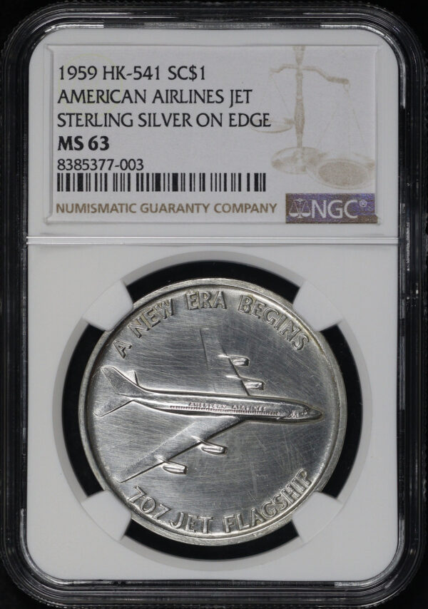 Obverse of this 1959 HK-541 American Airlines Jet Sterling Silver On Edge So-Called Dollar NGC MS-63