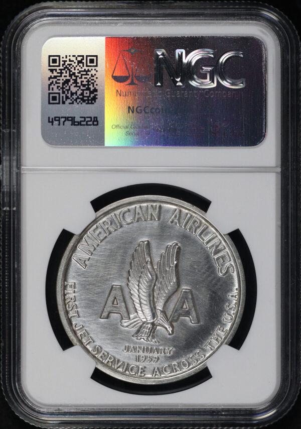 Reverse of this 1959 HK-541  American Airlines Jet Sterling Silver On Edge  So-Called Dollar NGC MS-63