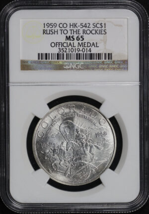 Obverse of this 1959 CO HK-542 Rush To The Rockies Colorado Centennial Official Medal So-Called Dollar NGC MS-65