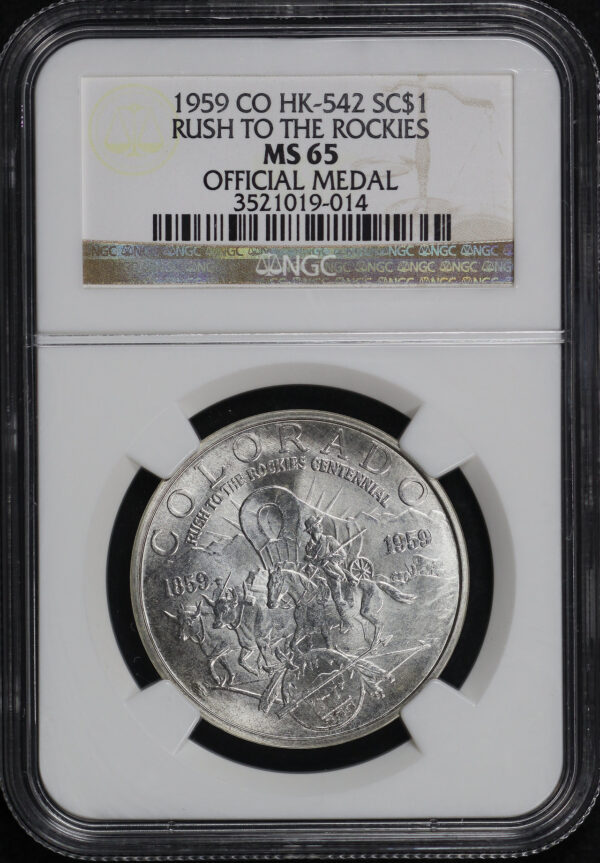 Obverse of this 1959 CO HK-542 Rush To The Rockies Colorado Centennial Official Medal So-Called Dollar NGC MS-65