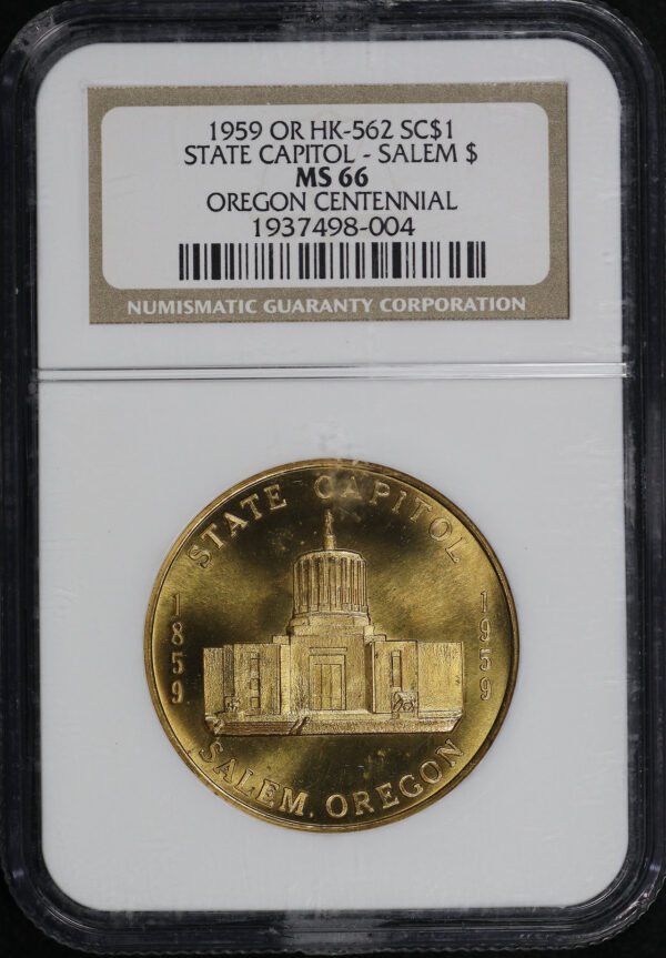 Obverse of this 1959 OR HK-562 Salem State Capitol Oregon Centennial So-Called Dollar NGC MS-66