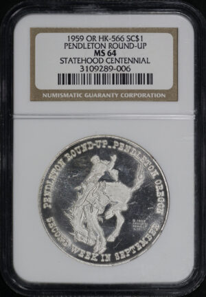 Obverse of this 1959 OR HK-566 Pendleton Round-Up Oregon Statehood Centennial So-Called Dollar NGC MS-64