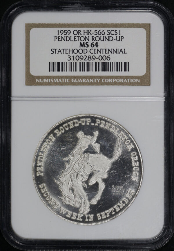 Obverse of this 1959 OR HK-566 Pendleton Round-Up Oregon Statehood Centennial So-Called Dollar NGC MS-64