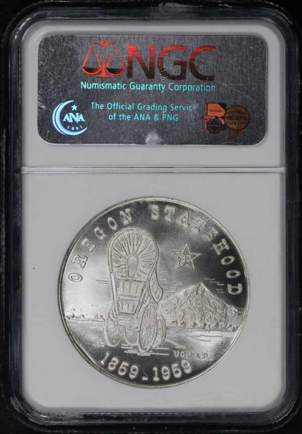 Reverse of this 1959 OR HK-566 Pendleton Round-Up Oregon Statehood Centennial So-Called Dollar NGC MS-64
