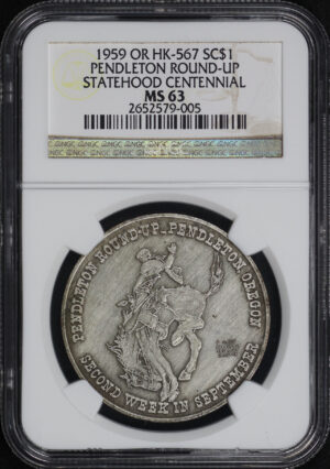 Obverse of this 1959 OR HK-567 Pendleton Round-Up Statehood Centennial So-Called Dollar NGC MS-63