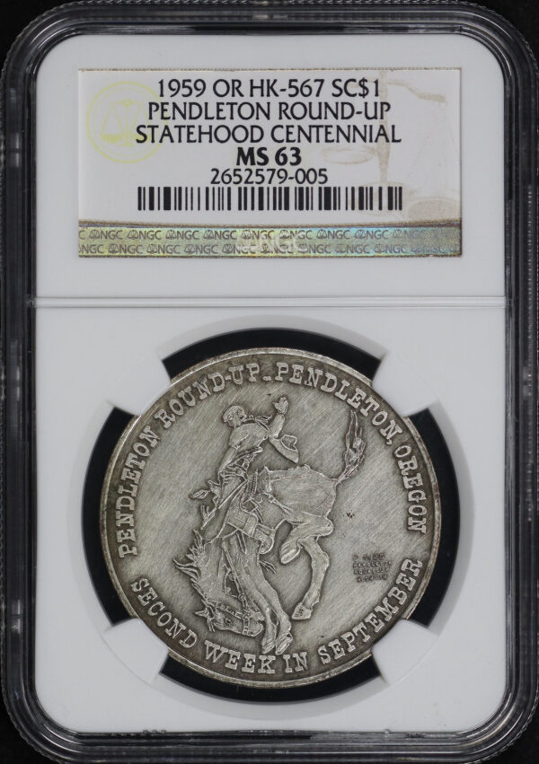Obverse of this 1959 OR HK-567 Pendleton Round-Up Statehood Centennial So-Called Dollar NGC MS-63