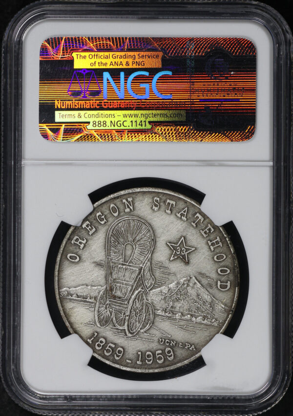 Reverse of this 1959 OR HK-567 Pendleton Round-Up Statehood Centennial So-Called Dollar NGC MS-63
