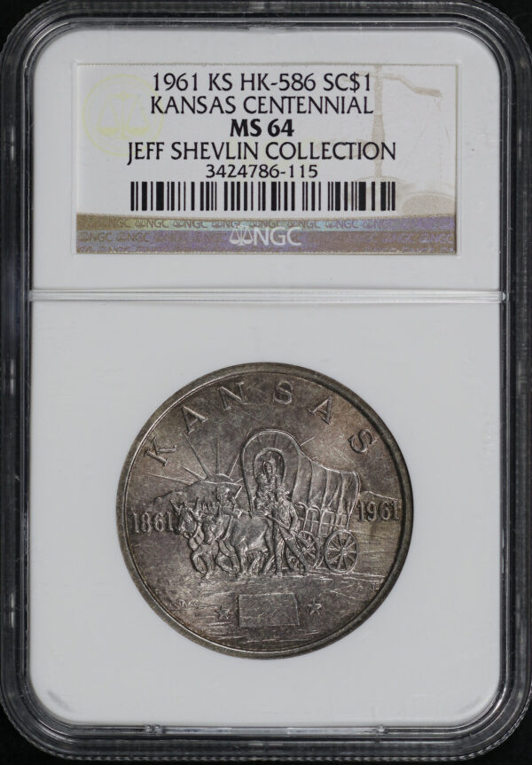 Obverse of this 1961 KS HK-586  Kansas Centennial So-Called Dollar NGC MS-64 Jeff Shelvin Collection