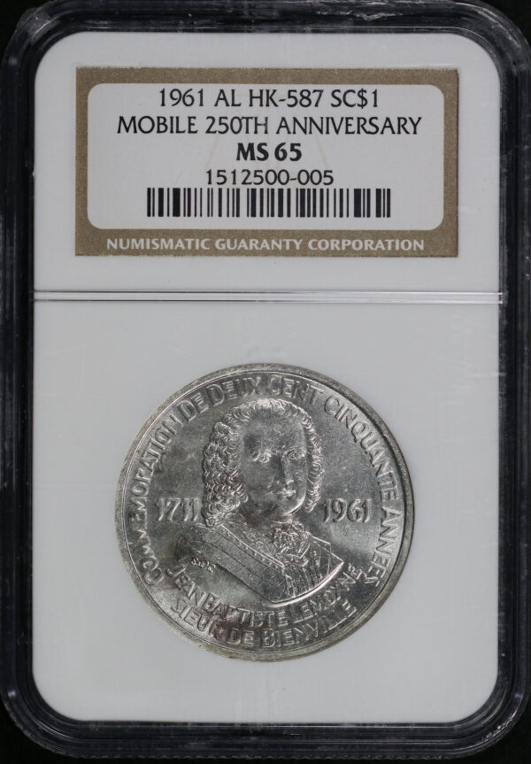 Obverse of this 1961 AL HK-587 Mobile 250th Anniversary So-Called Dollar NGC MS-65