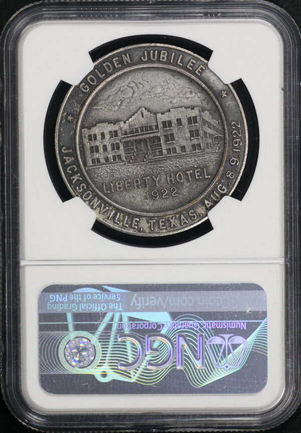 Reverse of this 1922 TX HK-671a Jacksonville Golden Jubilee Silver Plated So-Called Dollar NGC MS-63 Jeff Shevlin Collection