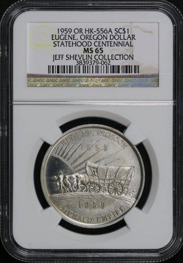 Obverse of this 1959 OR HK-556A Eugene, Oregon Statehood Centennial So-Called Dollar NGC MS-65 Jeff Shelvin Collection