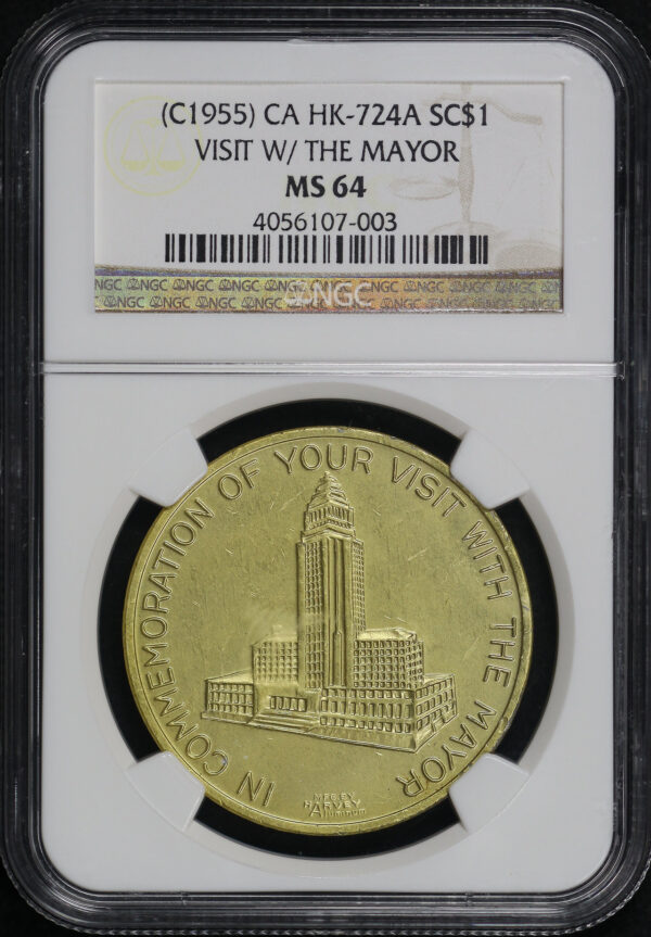 Obverse of this (c. 1955) CA HK-724a Visit With The Mayor So-Called Dollar NGC MS-64