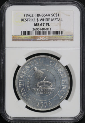 Obverse of this (1962) HK-854A “1776” Continental Fantasy Restrike White Metal So-Called Dollar NGC MS-67 PL