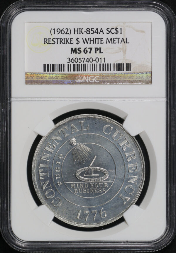 Obverse of this (1962) HK-854A “1776” Continental Fantasy Restrike White Metal So-Called Dollar NGC MS-67 PL