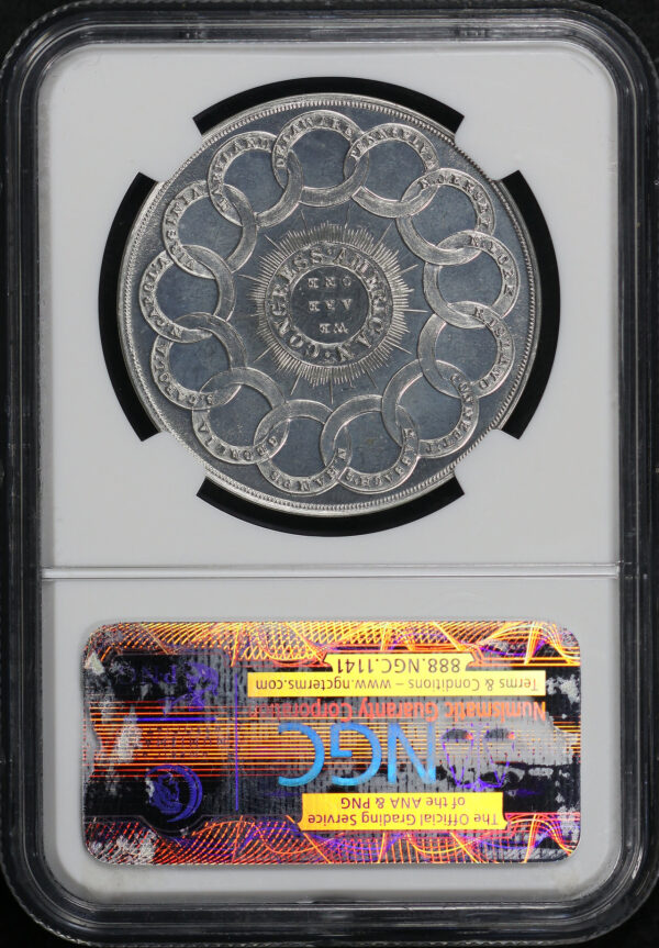 Reverse of this (1962) HK-854A “1776” Continental Fantasy Restrike White Metal So-Called Dollar NGC MS-67 PL