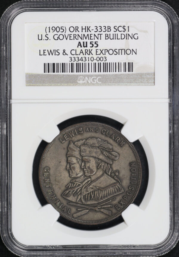Obverse of this (1905) OR HK-333b  U.S. Government Building Lewis & Clark Exposition So-Called Dollar NGC AU-55