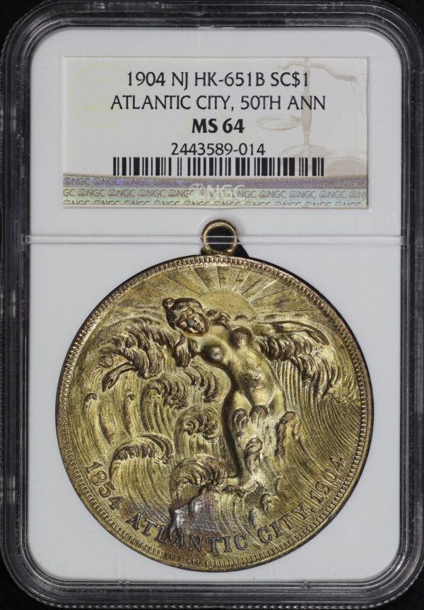 Obverse of this 1904 NJ HK-651b Atlantic City 50th Anniversary So-Called Dollar NGC MS-64