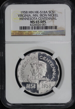 Obverse of this 1958 MN HK-518a  Virginia, Montana Statehood Centennial Iron Nickel So-Called Dollar NGC MS-65 DPL