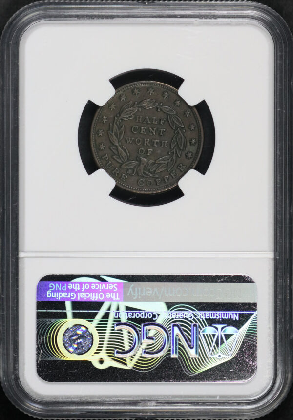 Reverse of this 1837 HT-73 Half Cent Hard Time Token NGC AU-53 BN