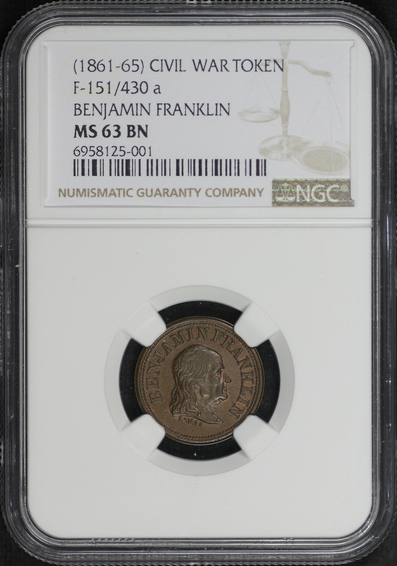 Obverse of this (1861-65) Civil War Token F-151/430a Benjamin Franklin NGC MS-63 BN