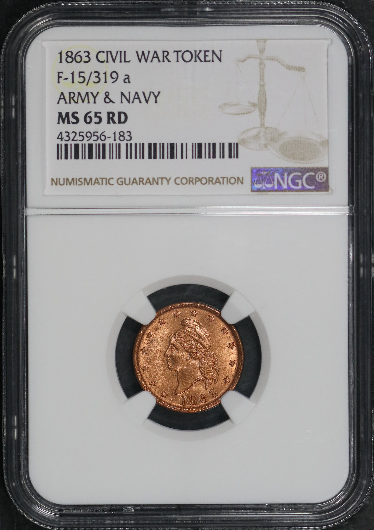 Obverse of this 1863 Civil War F 15/319 a Army & Navy NGC MS-65 RD