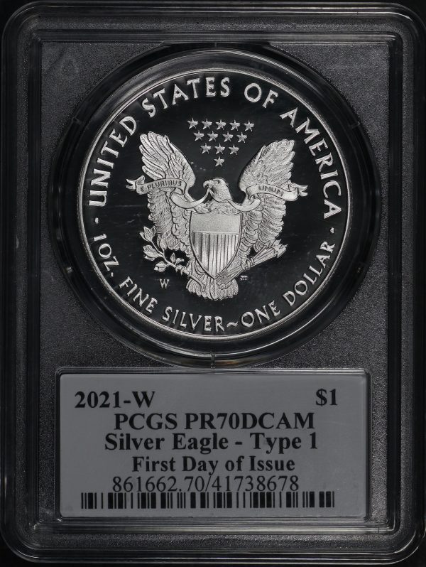 Reverse of this 2021-W Silver Eagle First Day Issue Type 1 PCGS PR-70 DCAM FDI Paul C. Balan Signature Label.
