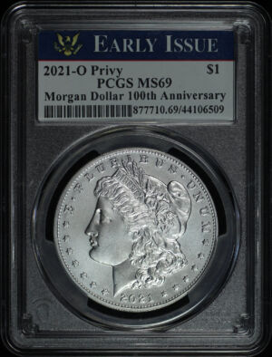 Obverse of this 2021-O Morgan Dollar ‘O’ Privy Mark 100th Anniversary PCGS MS-69