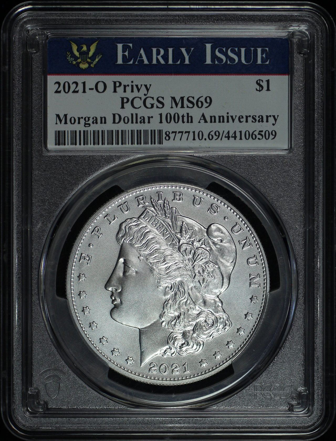 Obverse of this 2021-O Morgan Dollar ‘O’ Privy Mark 100th Anniversary PCGS MS-69