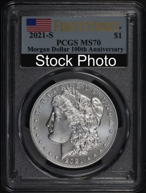 Obverse of this 2021-S Silver Eagle Morgan Dollar 100th Anniversary PCGS MS-70  Strike