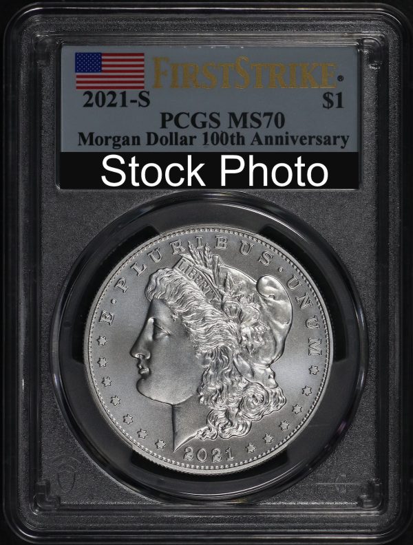 Obverse of this 2021-S Silver Eagle Morgan Dollar 100th Anniversary PCGS MS-70  Strike