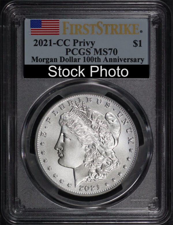Obverse of this 2021-CC Morgan Dollar Carson City Privy Mark 100th Anniversary PCGS MS-70.