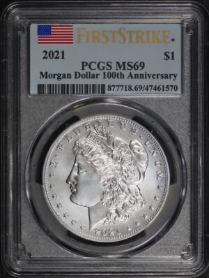 Obverse of this 2021  Morgan Dollar 100th Anniversary PCGS MS-69.