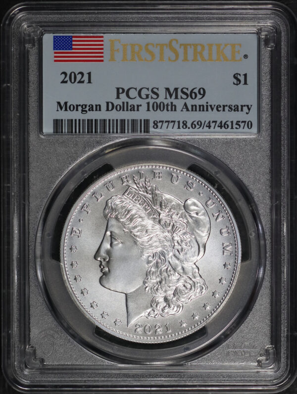 Obverse of this 2021  Morgan Dollar 100th Anniversary PCGS MS-69.