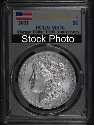 Obverse of this 2021 Silver Eagle Morgan Dollar 100th Anniversary PCGS MS-70  Strike