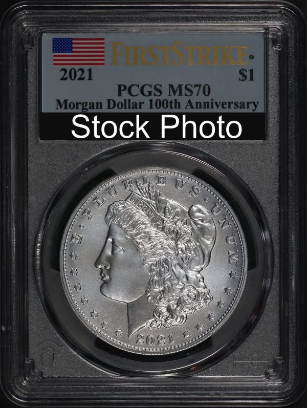 Obverse of this 2021 Silver Eagle Morgan Dollar 100th Anniversary PCGS MS-70  Strike