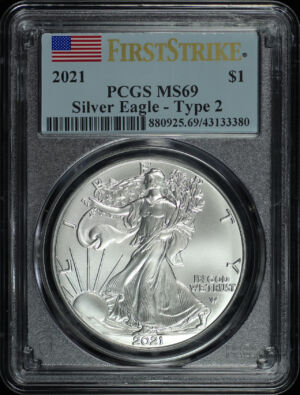 Obverse of this 2021 Silver Eagle Silver Eagle Type 2 PCGS MS-69 First Strike