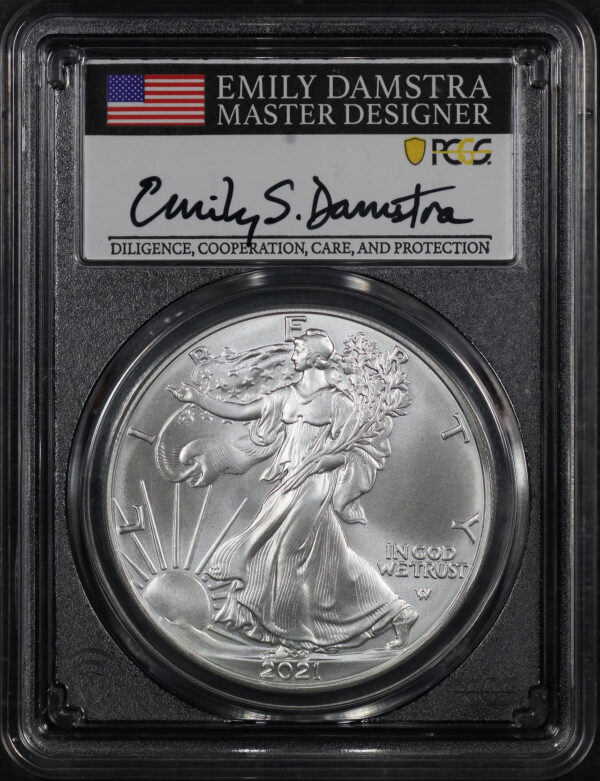 Obverse of this 2021 Silver Eagle Silver Type 2 PCGS MS-70 First Day of Issue Emily Damstra Signature Label 