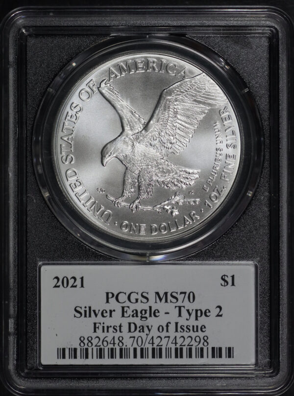 Reverse of this 2021 Silver Eagle Silver Type 2 PCGS MS-70 Emily Damstra Signature Label 
