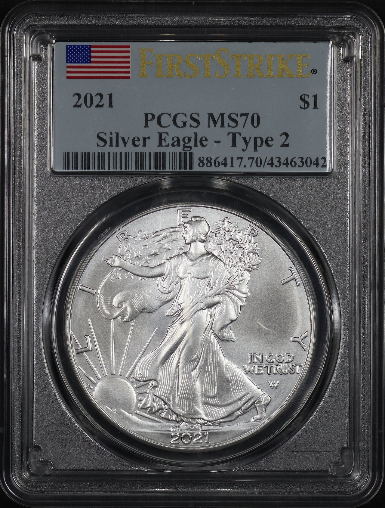 Obverse of this 2021 Silver Eagle Type 2 PCGS MS-70 First Strike