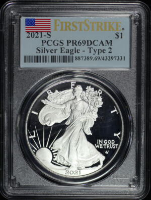 Obverse of this 2021-S Silver Eagle Silver Eagle – Type 2 PCGS PR-69 DCAM First Strike