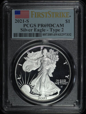 Obverse of this 2021-S Silver Eagle Silver Eagle Type 2 PCGS PR-69 DCAM First Strike