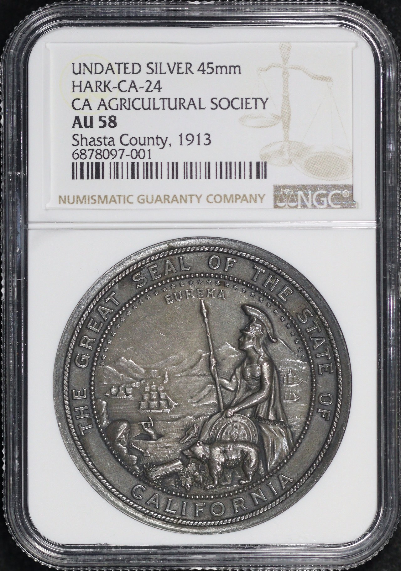 Obverse of this Undated Silver 45mm Hark-CA-24 Ca Agricultural Society NGC AU-58 Shasta County, 1913