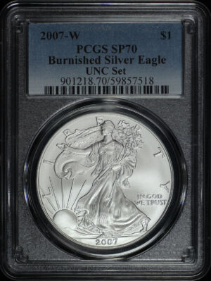 Obverse of this 2007 Burnished Silver Eagle UNC Set PCGS SP-70
