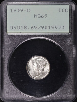Obverse of this 1939-D Mercury Dime PCGS MS-65 Old Green Rattler Holder